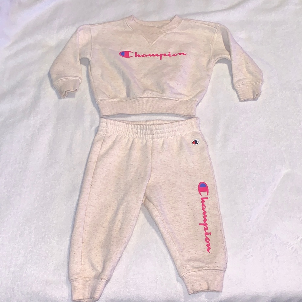 Champion Kids Cream Sweatshirt & Joggers with Pink Logo Accents